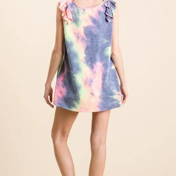 BiBi Tie Dye French Terry V Neck Top with Ruffle - Picture 2 of 10